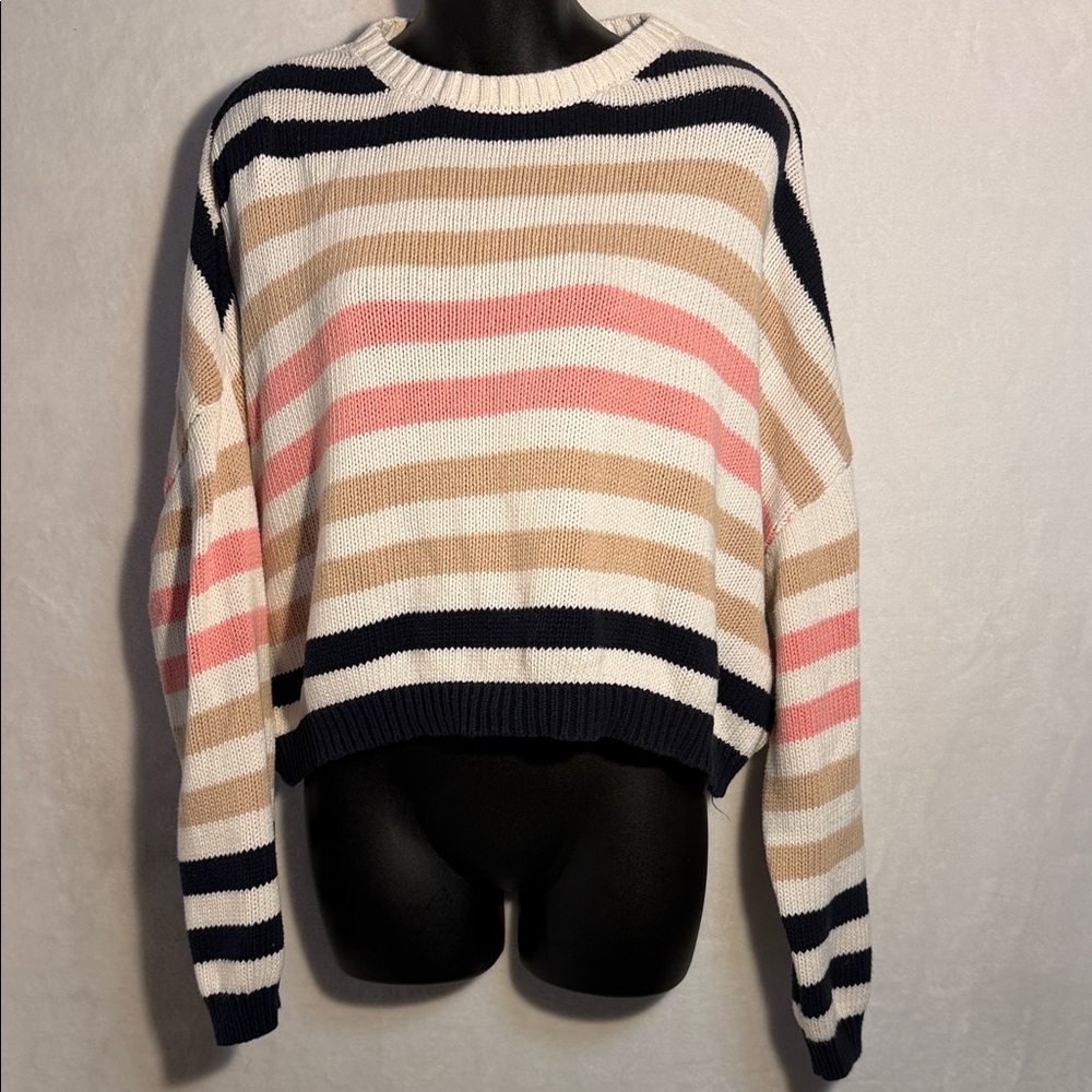 miami Striped Crewneck Sweater in White, Navy, Pink & Tan